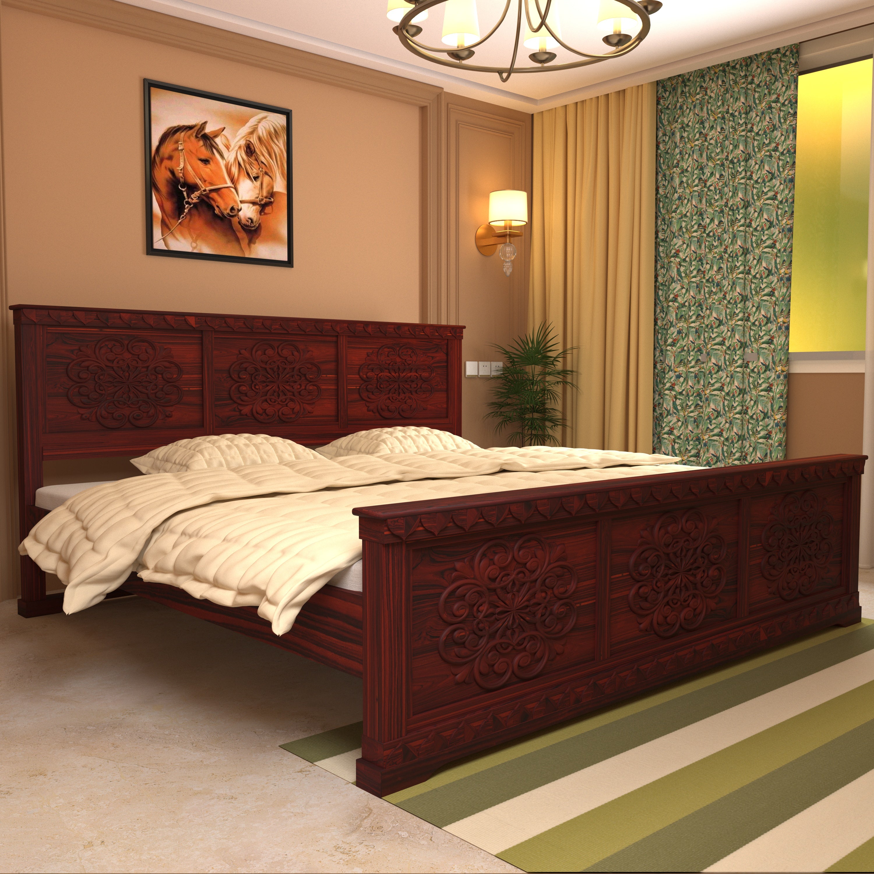 Solid Teak Flower Carved Bed Teak wood Bed