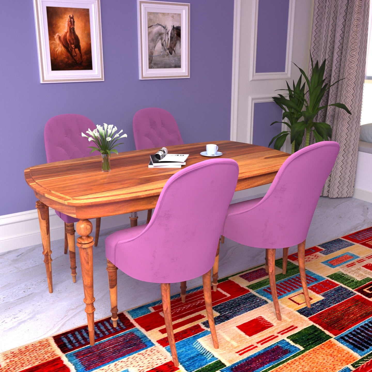 Penta Pink Four Chair with Square Table Wooden Dining Set Dining Set