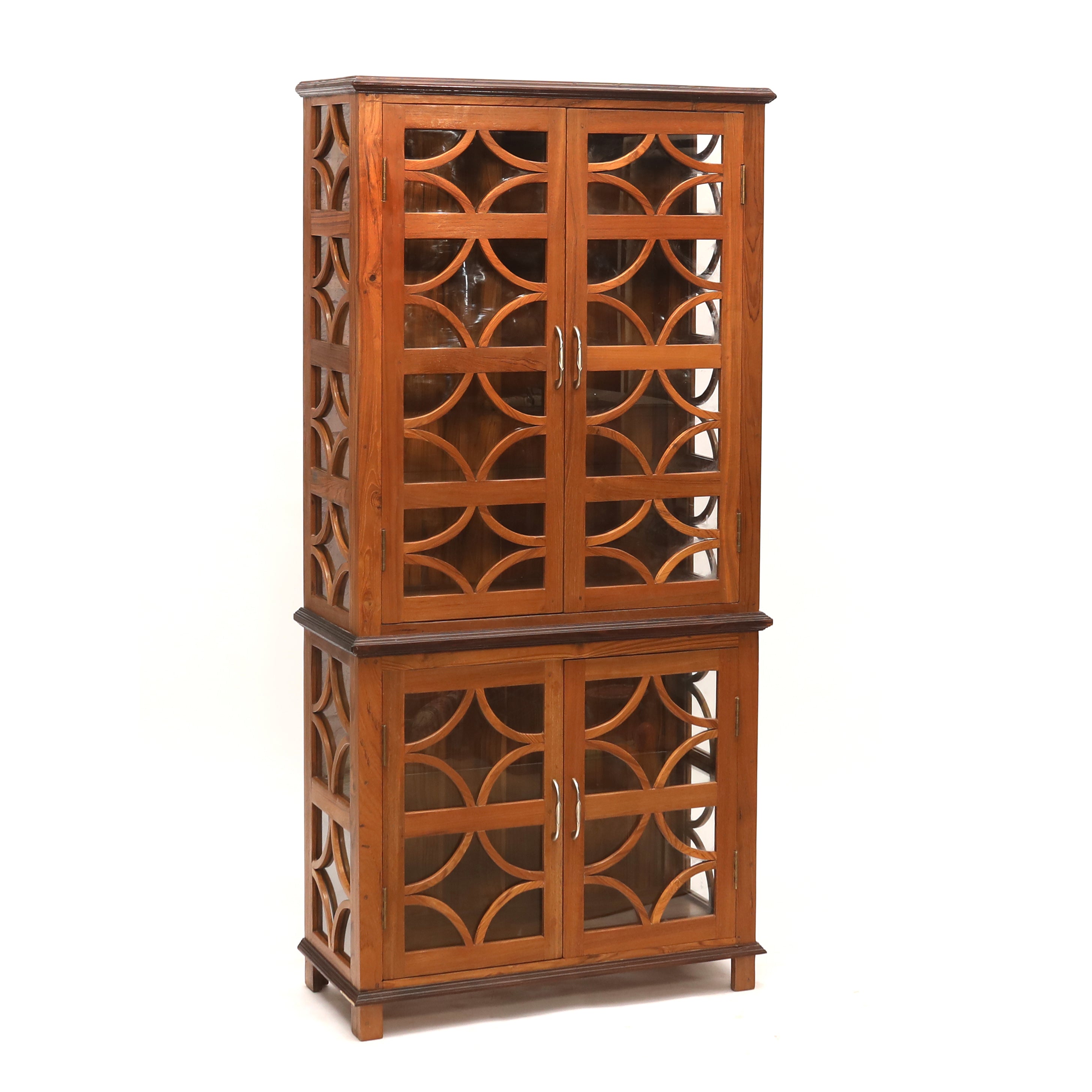 2-Part and 4-Shelf Designer Teak Glass Doors Cabinet Showcase